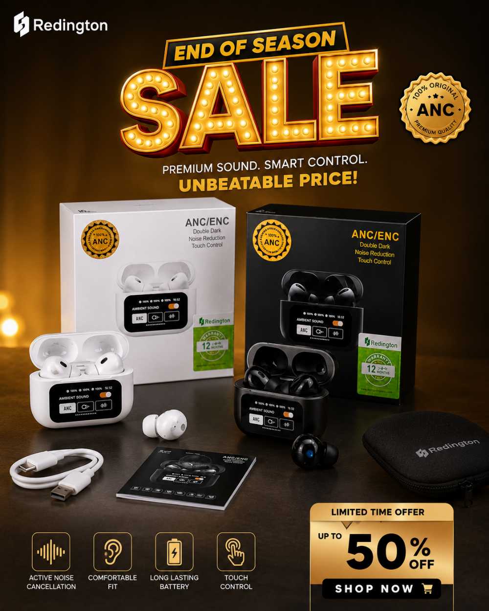 Redington ANC/ENC Wireless Earbuds | Active Noise Cancellation, Touch Control, Long Battery Life